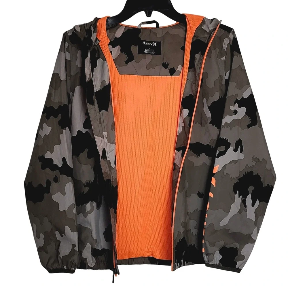 Hurley Full Zip Lightweight Hooded Windbreaker Jacket Boys Large Camo Orange‎